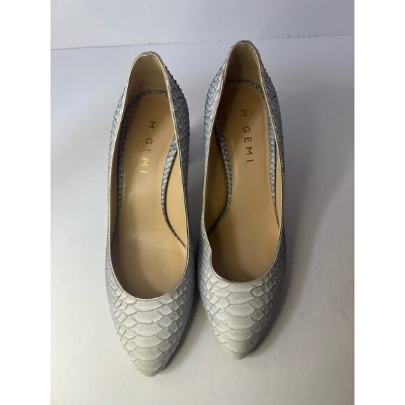 M. Gemi Lustro Snakeskin Block Heel Light Grey Blue Almond Toe Heels IT 36 US 6 - Picture 4 of 9